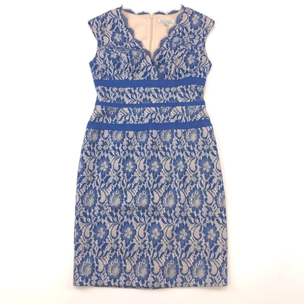 Simply Liliana blue lace dress Size 4 metallic gold lace overlay Wedding